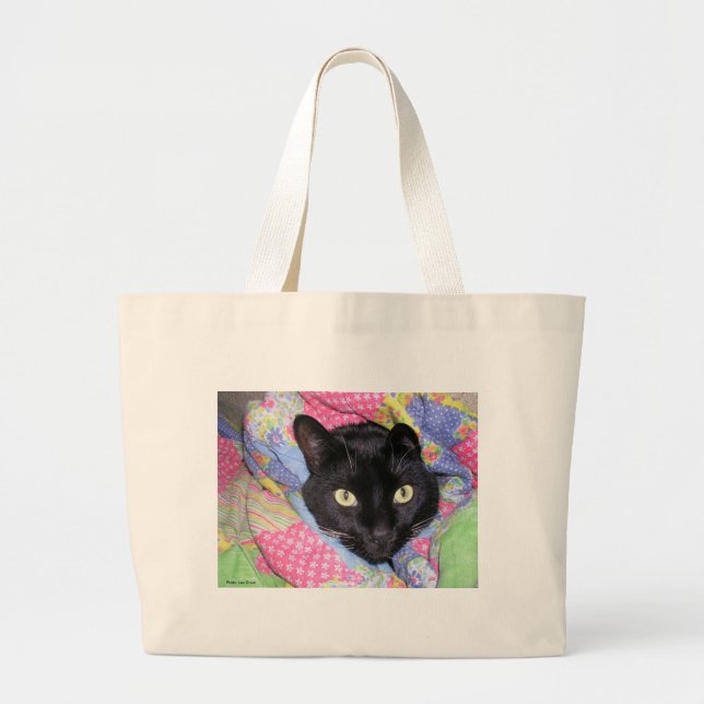 Large Tote Bag: Funny Cat wrapped in Blankets (Front)