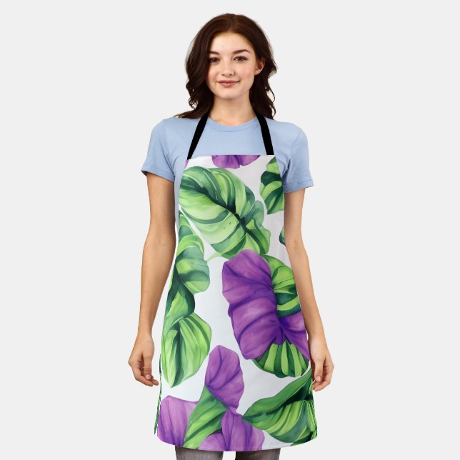 Large Tropical Purple Plant Pattern Apron (Worn)