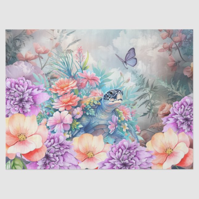 Large Tropical Sea Turtle & Watercolor Florals Tissue Paper (Front)