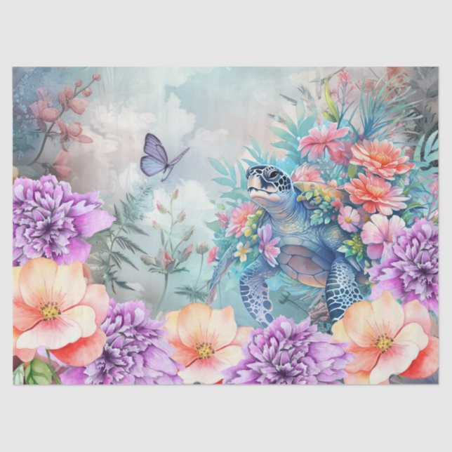 Large Tropical Sea Turtle & Watercolor Florals Tissue Paper (Front)