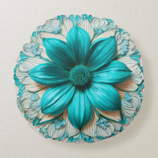 Large Turquoise Flower in Hyperrealistic Clipart  Round Cushion