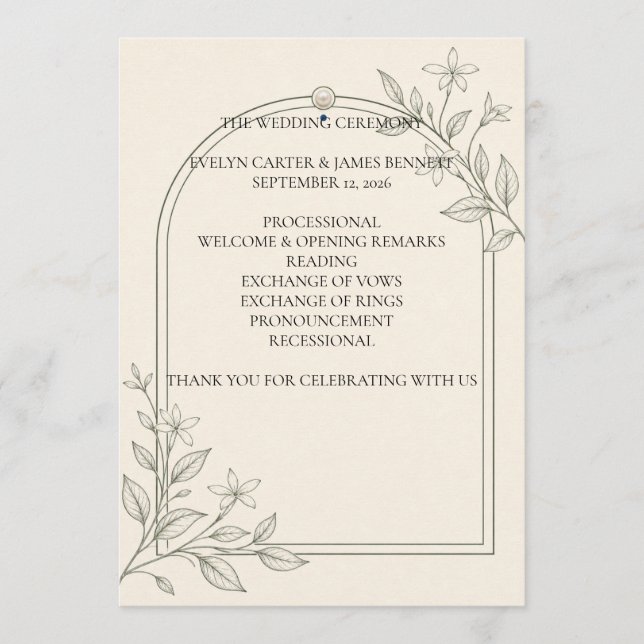 Large Type Olive Botanical 5x7 Ceremony Program Programme (Front)