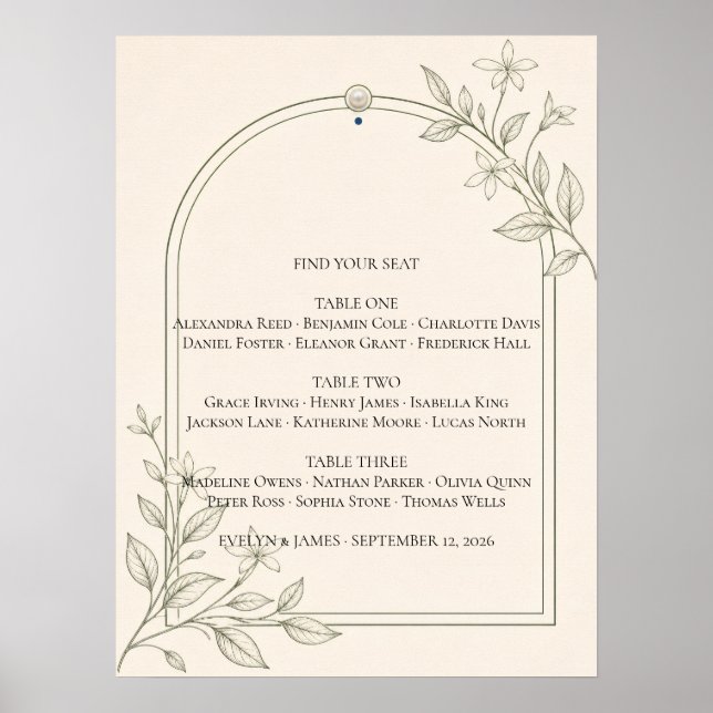 Large Type Olive Botanical Wedding Seating Chart (Front)