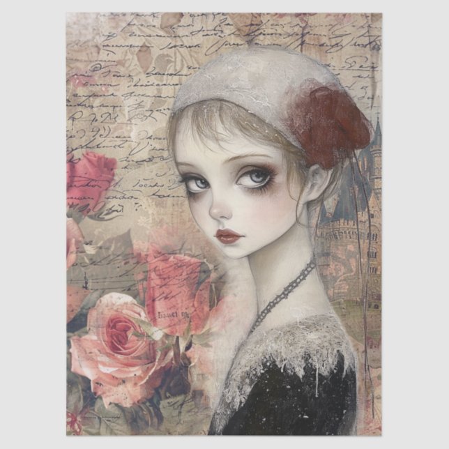 Large Victorian Gothic Girl & Florals Decoupage Tissue Paper (Front)