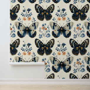 Large Vintage Blue And Cream Butterfly Shabby Chic Wallpaper