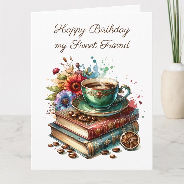 Large Vintage Books, Flowers and Coffee Birthday Card (Front)