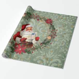Large Vintage Christmas Santa and Wreath Wrapping Paper