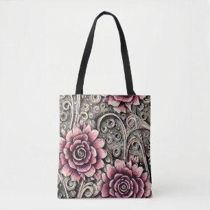 Large Vintage Gothic Pink Flower Pattern Tote Bag