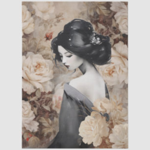 Large Vintage Inspired Elegant Asian Lady & Roses Tissue Paper
