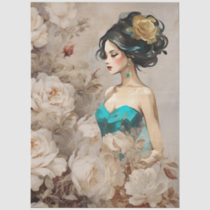 Large Vintage Inspired Elegant Lady & White Roses Tissue Paper