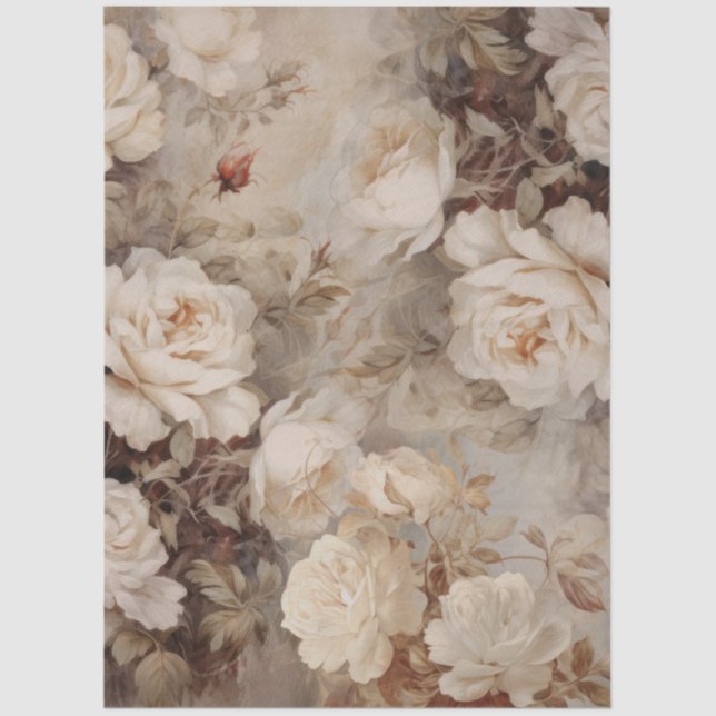 Large Vintage Inspired Elegant White Roses Tissue Paper (Front)