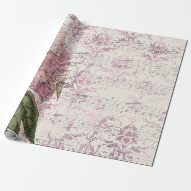 Large Vintage Pink Flower with Music Wrapping Paper (Unrolled)