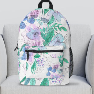 Large Watercolor Doodle Blossoms and Leaves  Printed Backpack