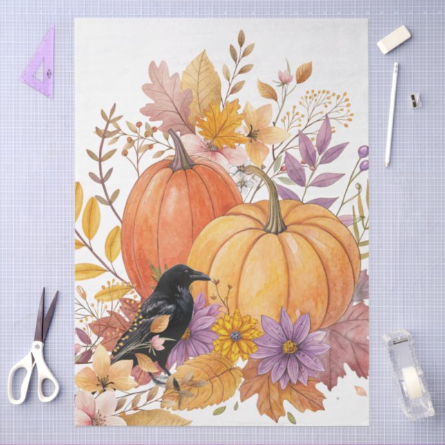 Large Watercolor Fall Wildflowers Pumpkins & Crow Tissue Paper (Craft)