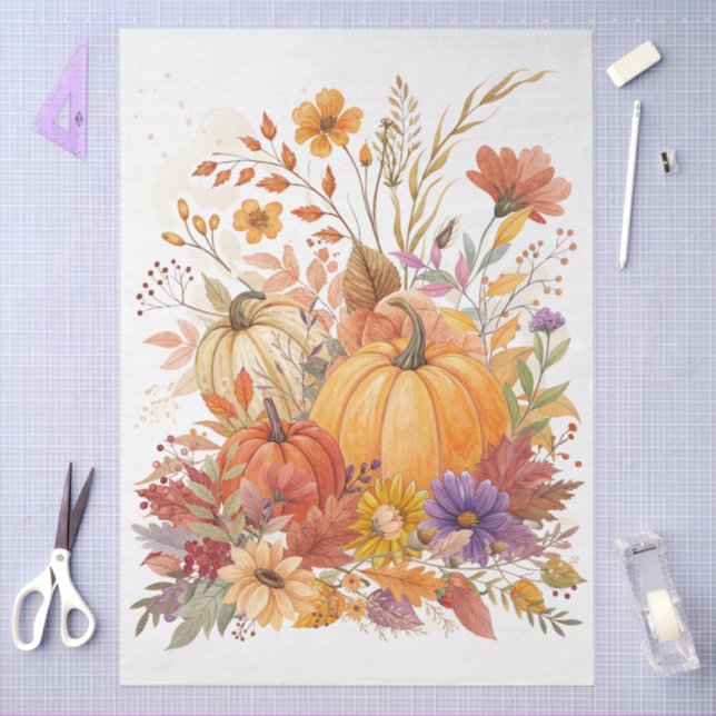 Large Watercolor Fall Wildflowers & Pumpkins  Tissue Paper (Craft)