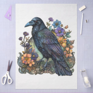 Large Watercolor Floral Black Raven for Decoupage Tissue Paper