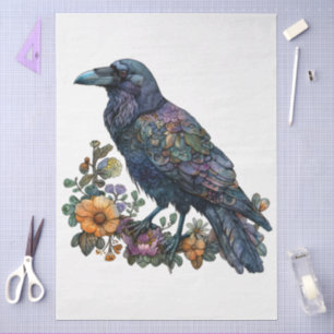 Large Watercolor Floral Black Raven for Decoupage Tissue Paper