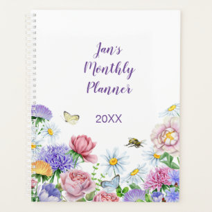 Large Watercolor Garden Flower Butterfly Bumblebee Planner