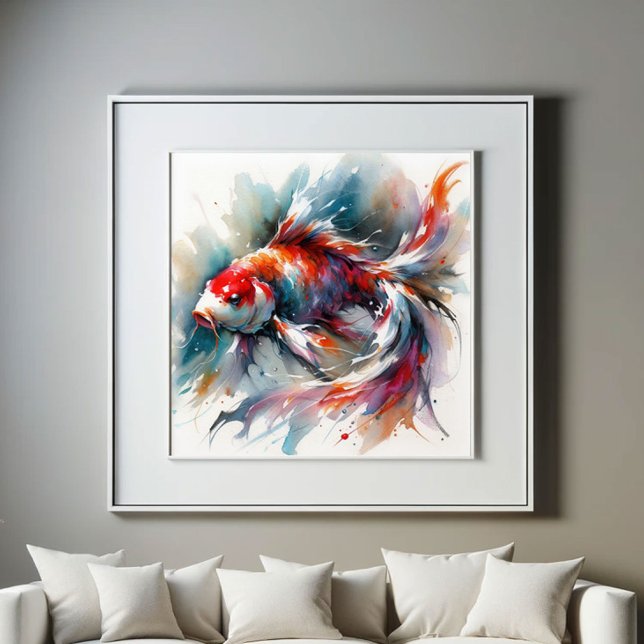 Large Watercolor Painting Colourful Koi Fish Art Poster (Koi fish watercolor art print features a vibrant and color painting in shades of red, blue and green)