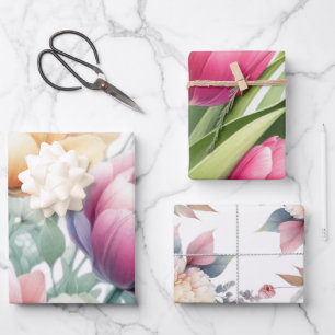 large watercolor pastel flowers, tulips, peonies, wrapping paper sheet