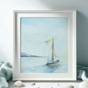 Large Watercolor Sailboat and Ocean Art Poster
