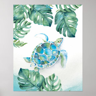 Large Watercolor Sea turtle and Monstera Leaves Poster