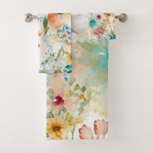 Large Watercolor Summer Flower Pattern Bath Towel Set