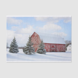 Large Weathered Red Barn with Cute Pine Trees Tissue Paper
