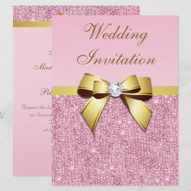 Large Wedding Faux Pink Sequins Gold Bow Invitation (Front/Back)