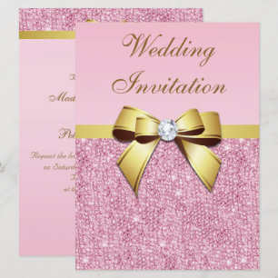 Large Wedding Faux Pink Sequins Gold Bow Invitation