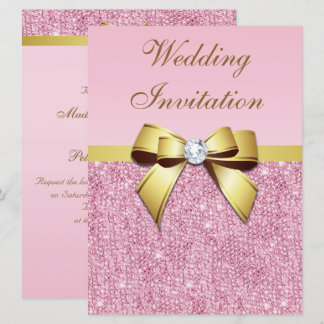 Large Wedding Faux Pink Sequins Gold Bow Invitation