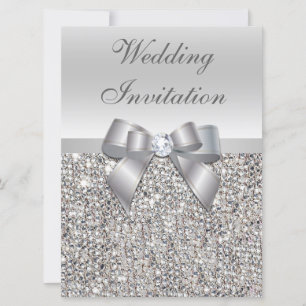 Large Wedding Faux Silver Sequins Bow Invitations