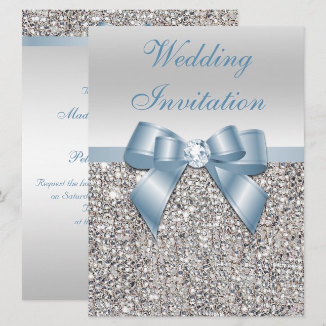 Large Wedding Faux Silver Sequins Dusty Blue Bow  Invitation (Front/Back)