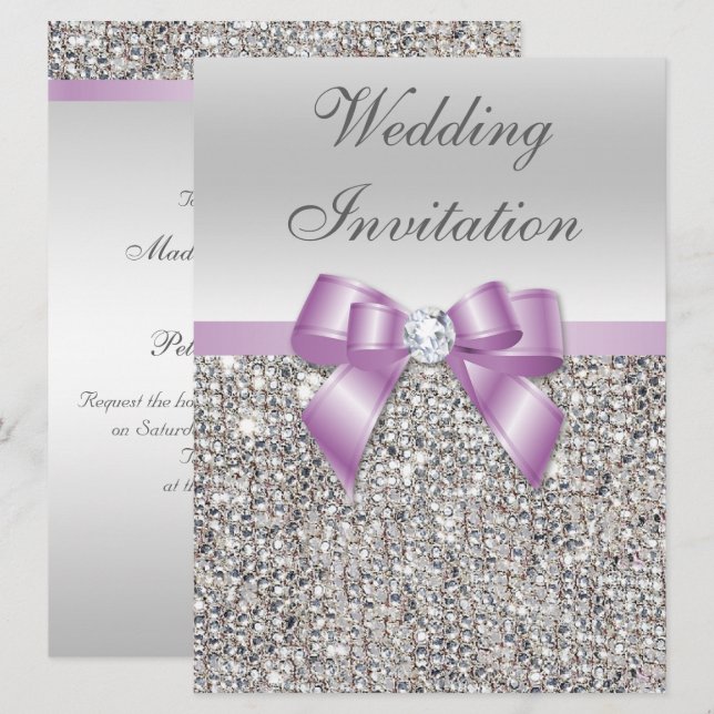 Large Wedding Faux Silver Sequins Lilac Bow Invitation (Front/Back)