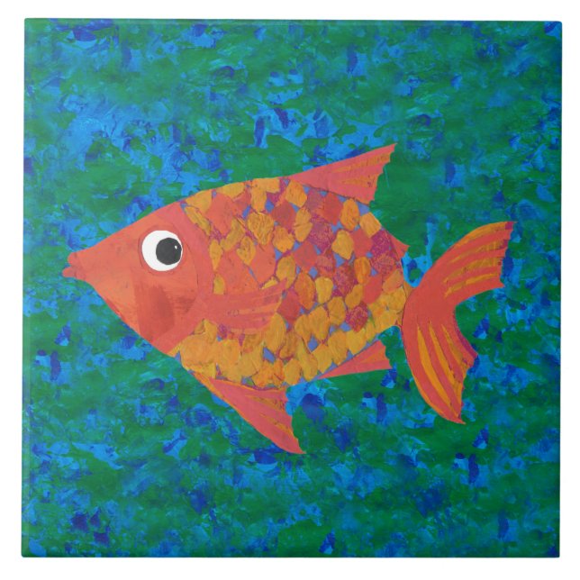 Large Whimsical Fish on Blue Green Background Tile (Front)
