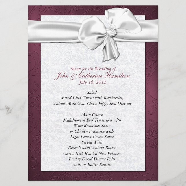 Large White and Maroon Wedding Table Menu (Front)