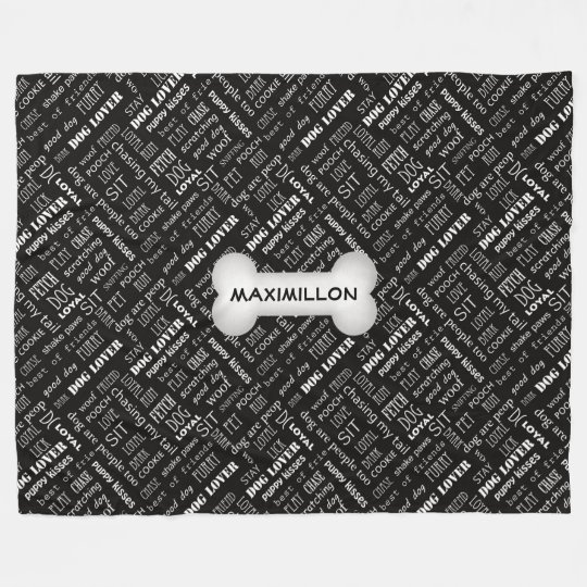 LARGE White Bone on Black Dog Lover Word Art Fleece Blanket