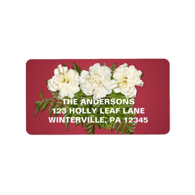 Large White Carnations Red Background Holiday Label (Front)