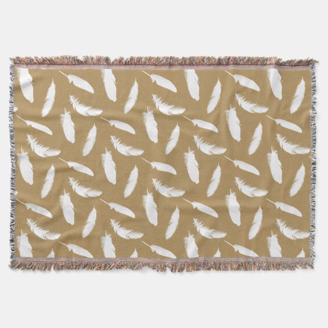 Large White feather print on camel throw blanket (Front)