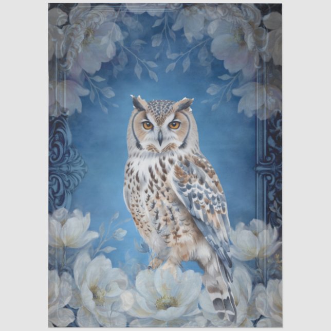Large White Floral Barn Owl Decoupage Tissue Paper (Front)