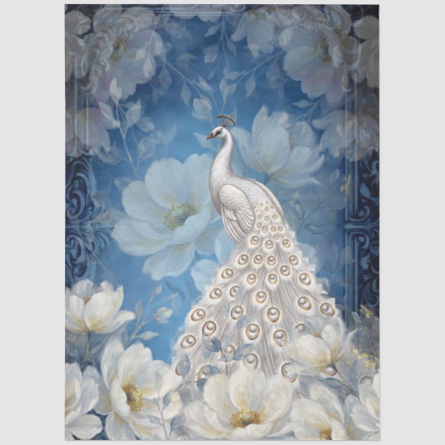Large White Floral Peacock Decoupage Tissue Paper (Front)