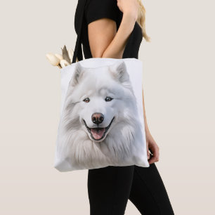 LARGE WHITE FLUFFY SAMOYED DOG TOTE BAG