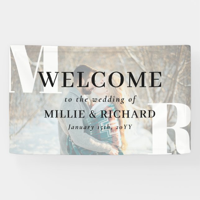 Large White Initials Photo Modern Wedding Welcome Banner (Horizontal)