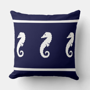 Large white on navy  SEA HORSE   coastal living Cushion