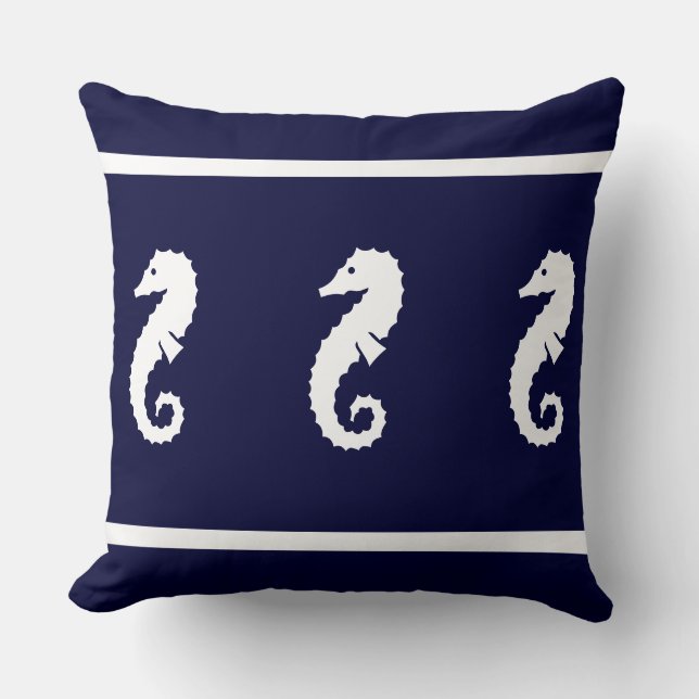Large white on navy  SEA HORSE   coastal living Cushion (Front)