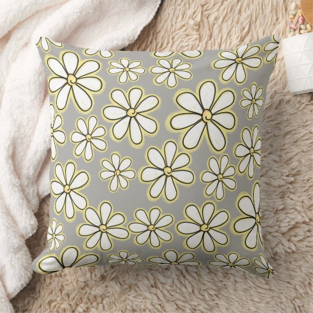 Large White Yellow Daisy Flowers On Grey Pattern Cushion (Blanket)