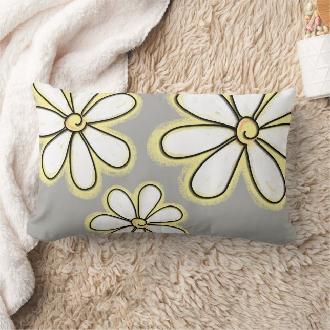 Large White Yellow Daisy Flowers On Grey Pattern Lumbar Cushion (Blanket)