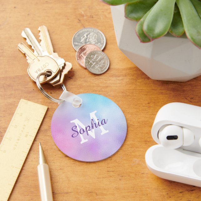 Large Wht Monogram & Purple Script Name Iridescent Key Ring (Desk)