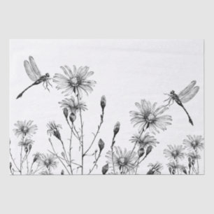 LARGE Wildflower Dragonfly Decoupage Black White Tissue Paper