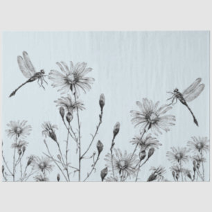 LARGE Wildflower Dragonfly Decoupage Black White Tissue Paper